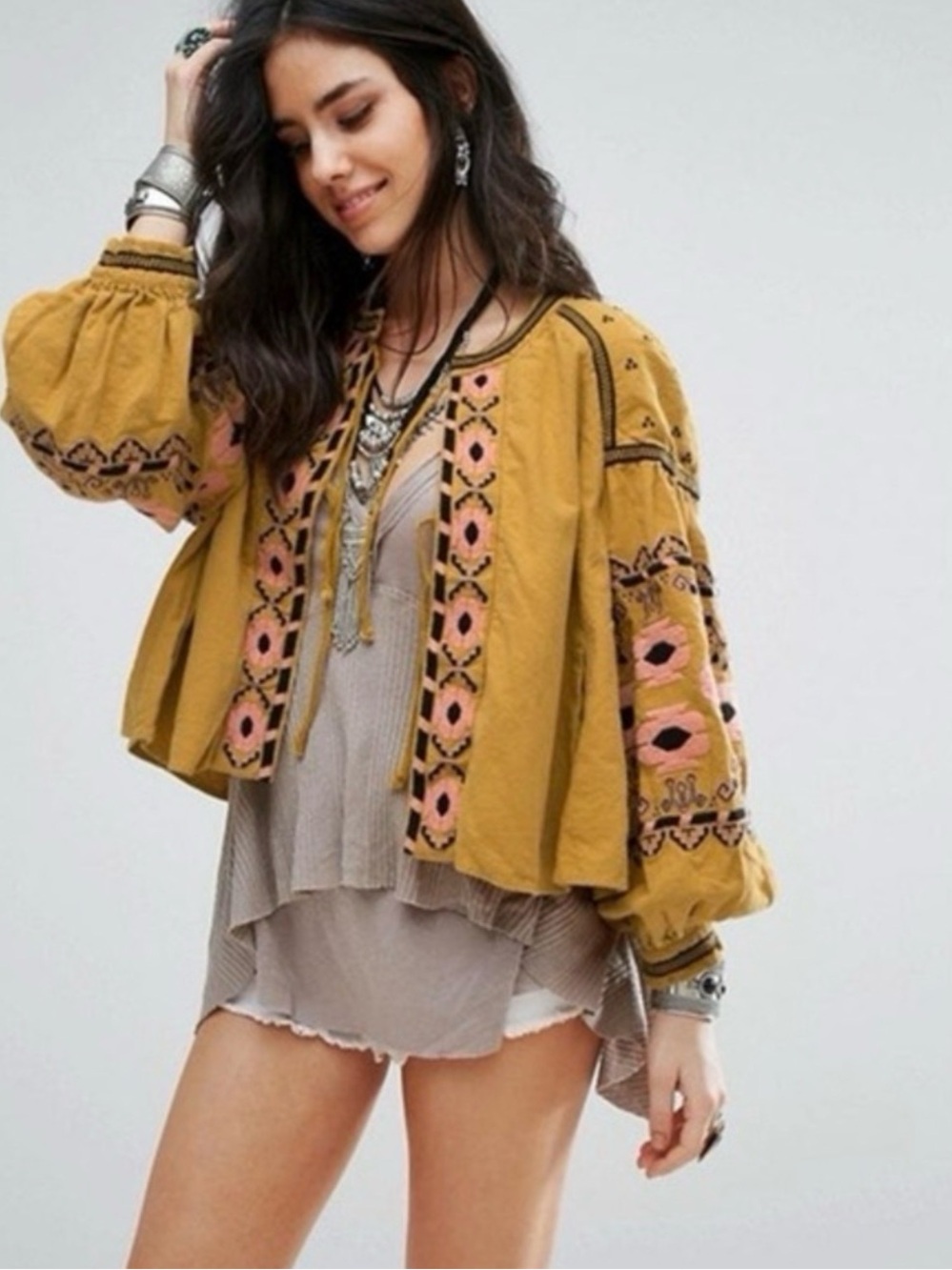Anthropologie RD & KoKo Mustard/Coral Embroidered Boho Peasant Swingy Jacket 2X